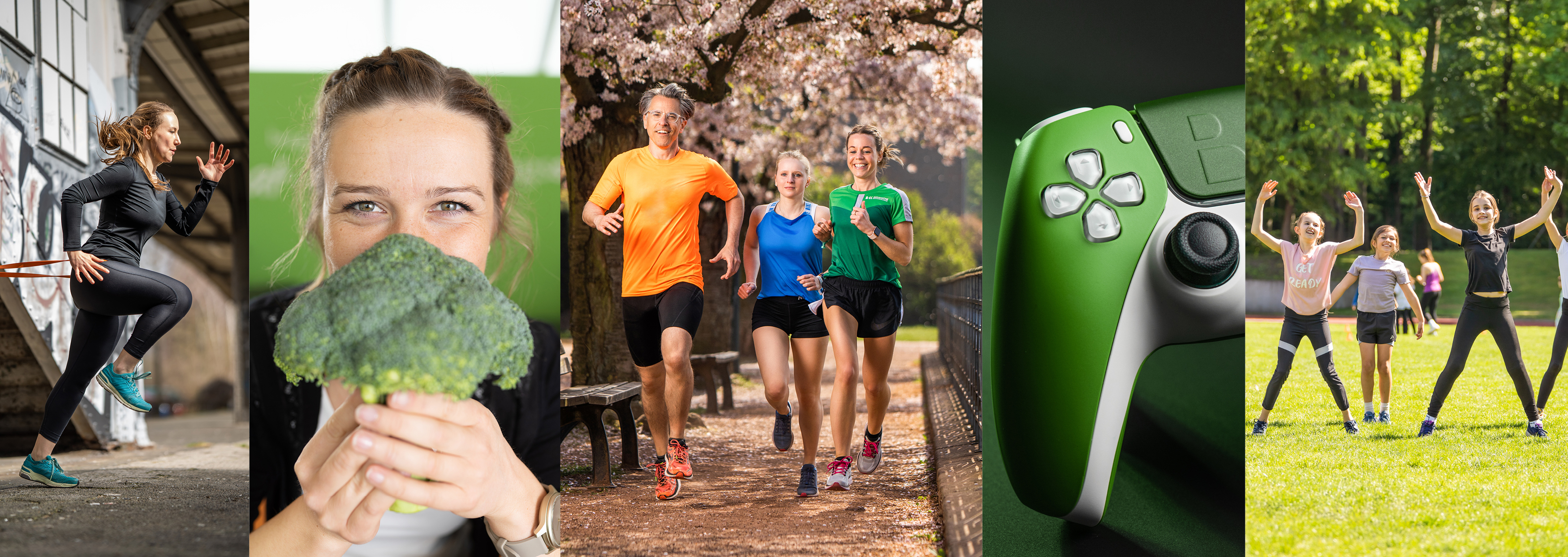 Collagenbild mit Läufern, Sportlerin, Gaming Controller und einer Frau, die einen Brokkoli in den Händen hält.